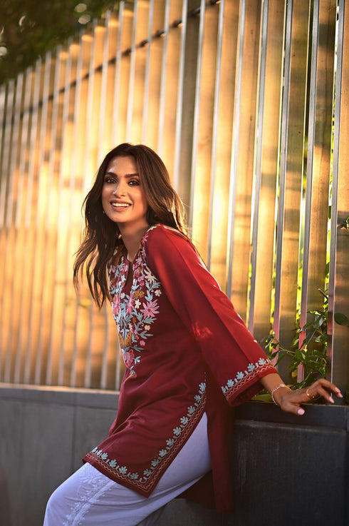 Aditi in Kashmiri Aari Work Cotton Short Kurta – Maroon
